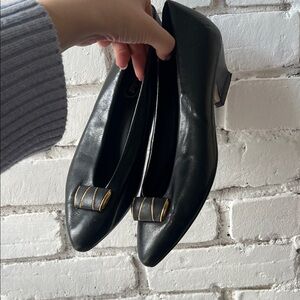 Vintage Black Leather Pointed Toe Flats with Gold Accent